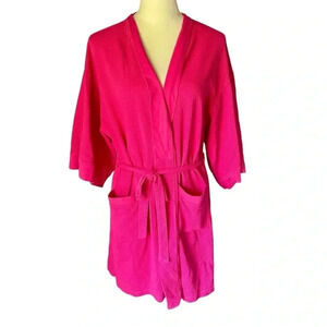 Natori Women Size L Bath Robe Textured Knit Hot Pink Belted Cotton Blend Pockets